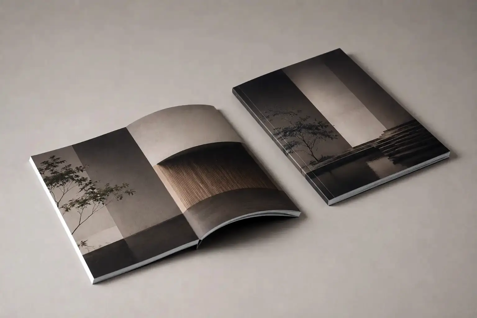 Portfolio di design in brossura flessibile con impaginazione grafica, immagini e materiali visivi presentati in un formato editoriale professionale.