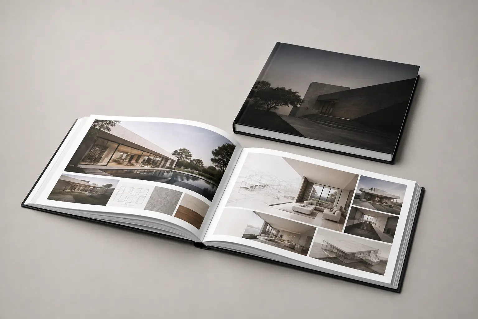 Portfolio di architettura e interior design con copertina rigida cartonata, ideale per presentare rendering, tavole, fotografie e progetti complessi.