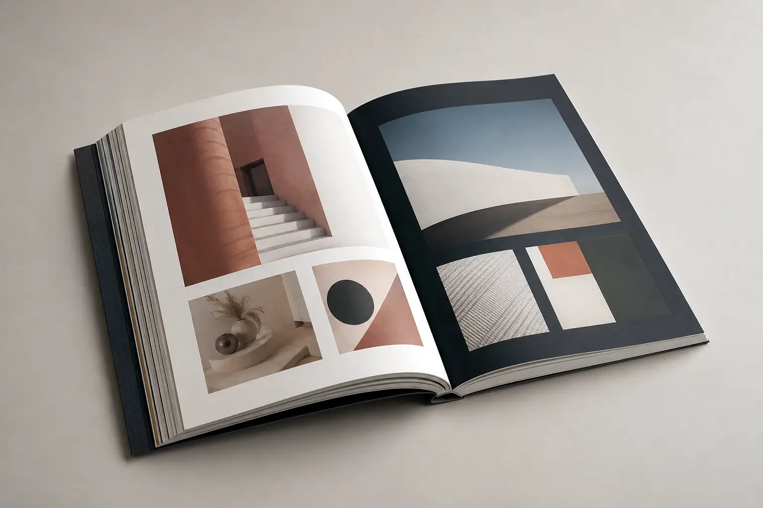 Portfolio di design con copertina rigida cartonata, adatto a progetti grafici, visuali e di comunicazione presentati in un volume professionale.
