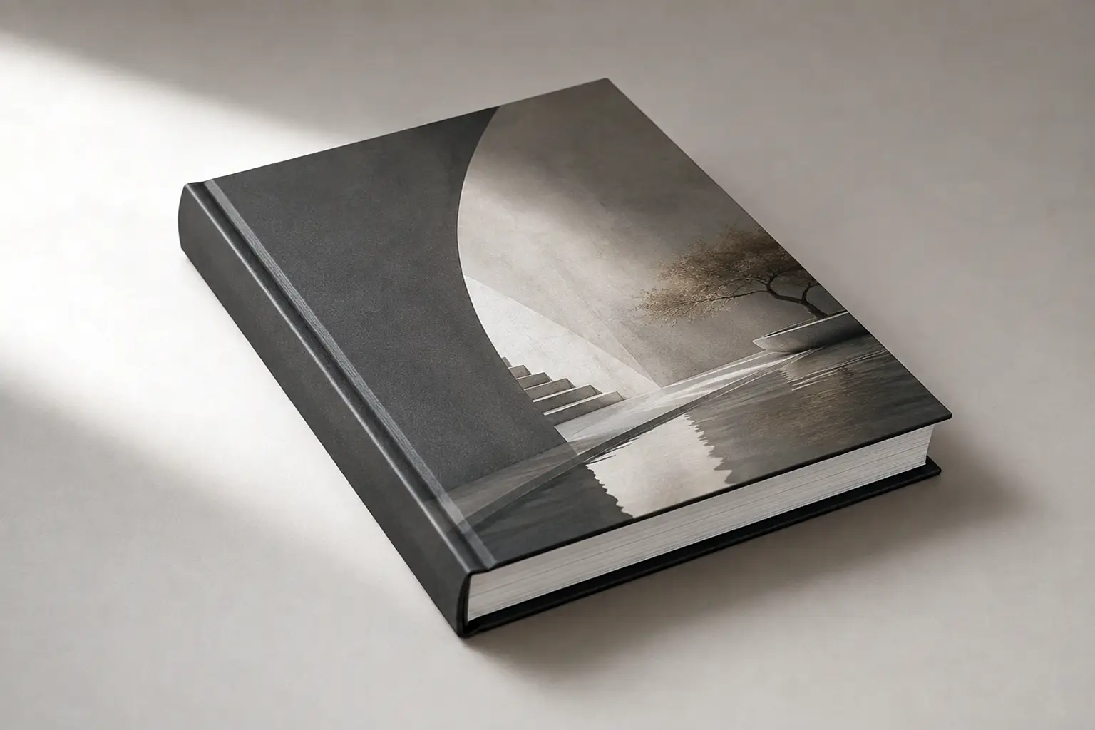 Dettaglio di un book con rilegatura cartonata e copertina rigida, con dorso, spessore della copertina e blocco libro chiaramente visibili.