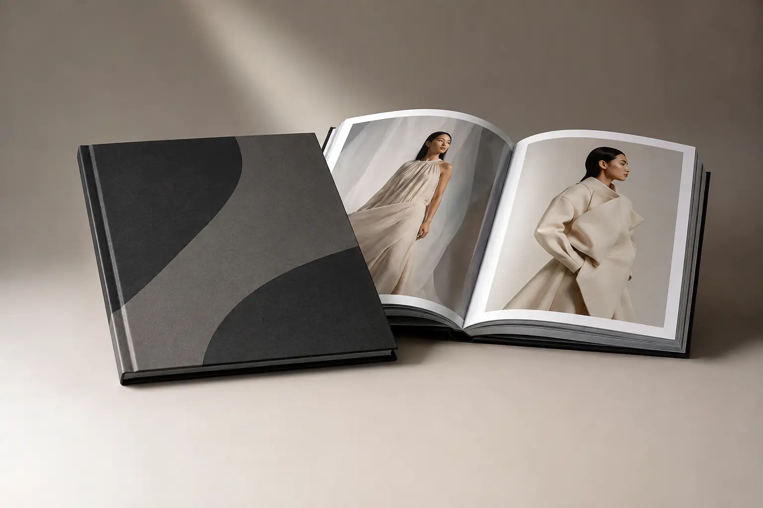 Fashion book con copertina rigida cartonata, pensato per valorizzare progetti moda, fotografie e contenuti visuali con una presentazione editoriale di pregio.