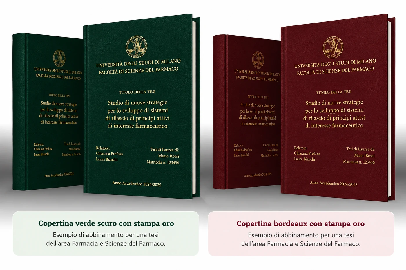 Copertine tesi Farmacia e Scienze del Farmaco UNIMI Copertine tesi verde scuro e bordeaux con stampa oro per Farmacia e Scienze del Farmaco UNIMI